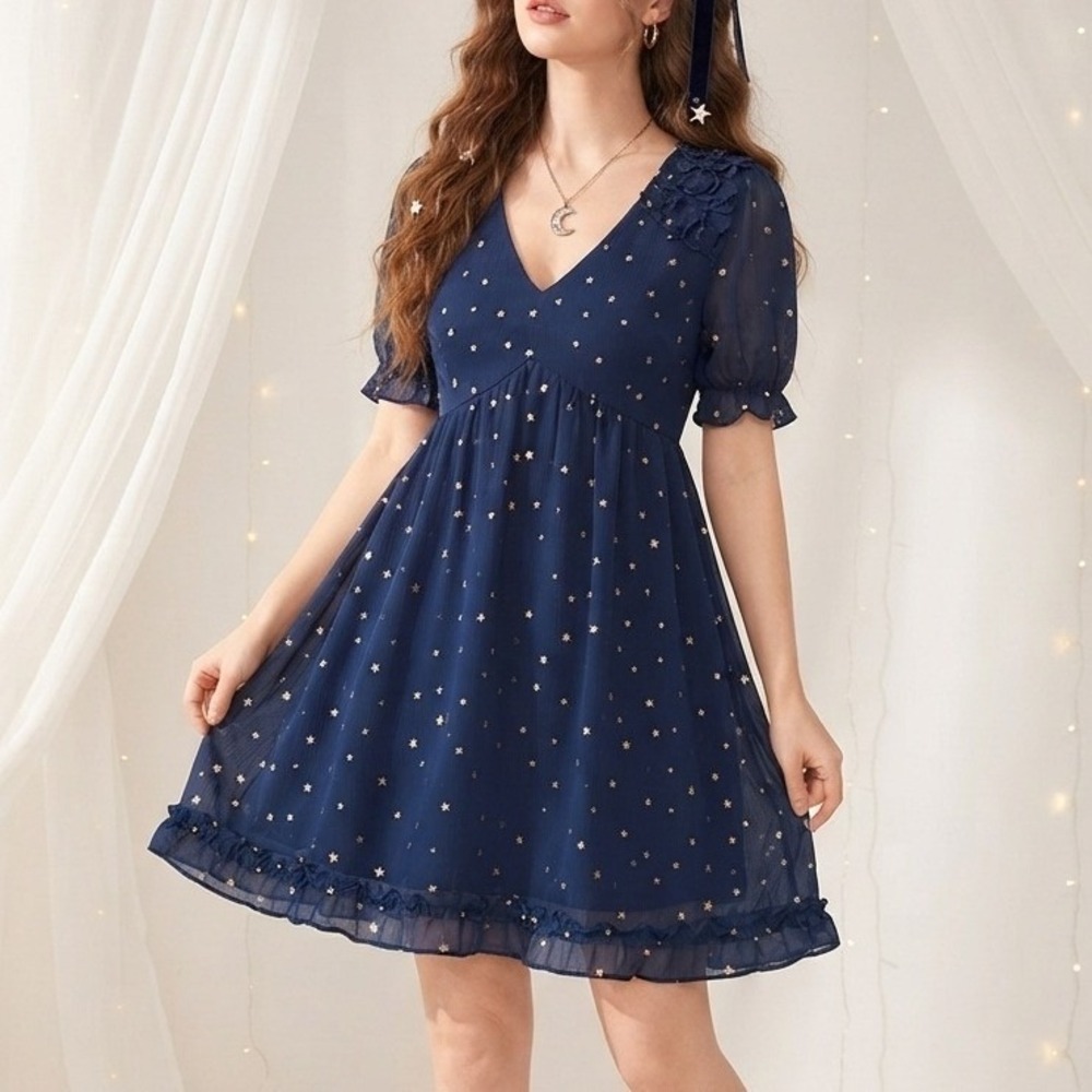 Navy Gold Star Babydoll Mini Dress Sz M Celestial Coquette Ruffle Trim Ethereal